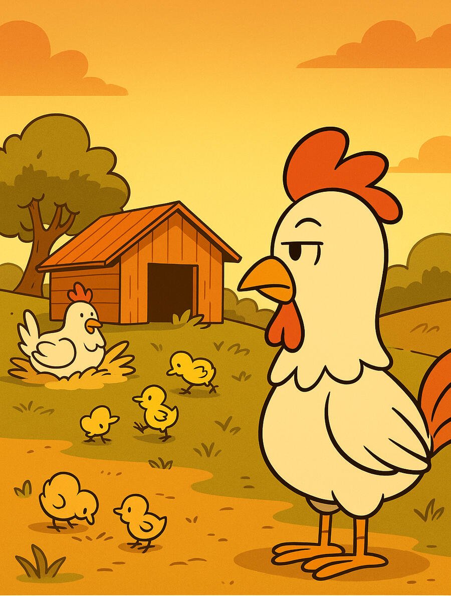 Golden-hour scene. A peaceful rural coop on a quiet patch of land. Happy hens and chicks peck the ground, dust bathe, and nest. A young, softer Chuck watches lovingly from the side—maybe looking toward a future nest of his own. The world is bright, safe, a
