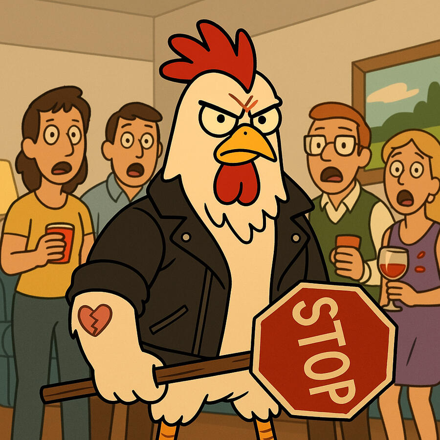 Wide shot of the entire party scene. Everyone is frozen mid-reaction. A drink is mid-spill. Mouths hang open. The joke-teller looks confused and awkward. Chuck stands firm at the center now, taking a slow step forward. The vibe is record scratch, what the