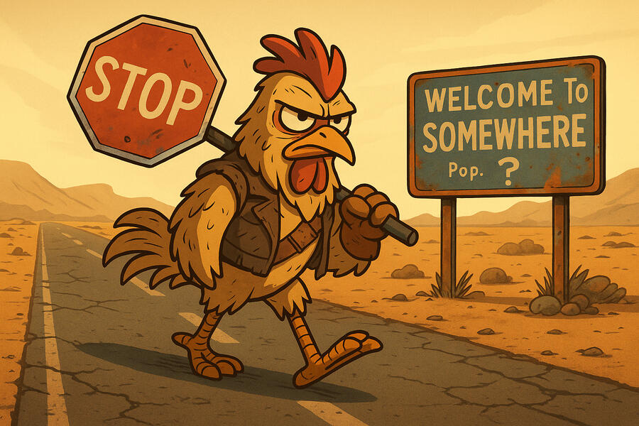 A scorched, cracked highway stretches endlessly. The sky is colorless. Heat haze distorts the horizon. Chuck walks alone, stop sign over his shoulder. Feathers dusty. Head low. Shadow long. A defaced “Welcome to Somewhere” sign lies broken in the ditch.