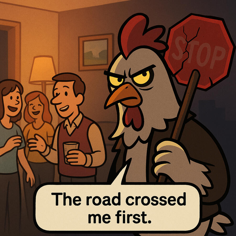 Same party room. The crowd is mid-laugh, but in the background, partially silhouetted near the hallway or door, Chuck Cluckston stands upright in shadow. He’s glaring. One eye visible—glowing faintly. His stop sign is slung over his back like a weapon. Eve