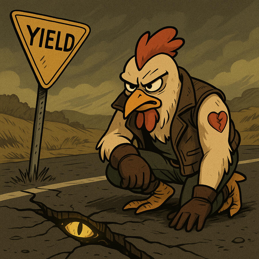 Chuck kneels or crouches near the vibrating YIELD sign. Beneath the road surface, something pulses. A crack appears, spreading out like veins. A faint glow or eerie eye might be seen under the asphalt—unclear if it’s alive.