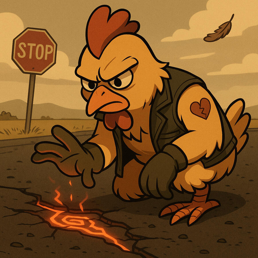 Close-up shot. Chuck crouches low. His gloved hand hovers above the glowing crack—not touching it, but feeling the heat. The glyph pattern pulses once, then fades. In the distance, everything is still. A single feather lifts in slow motion. The road is wa
