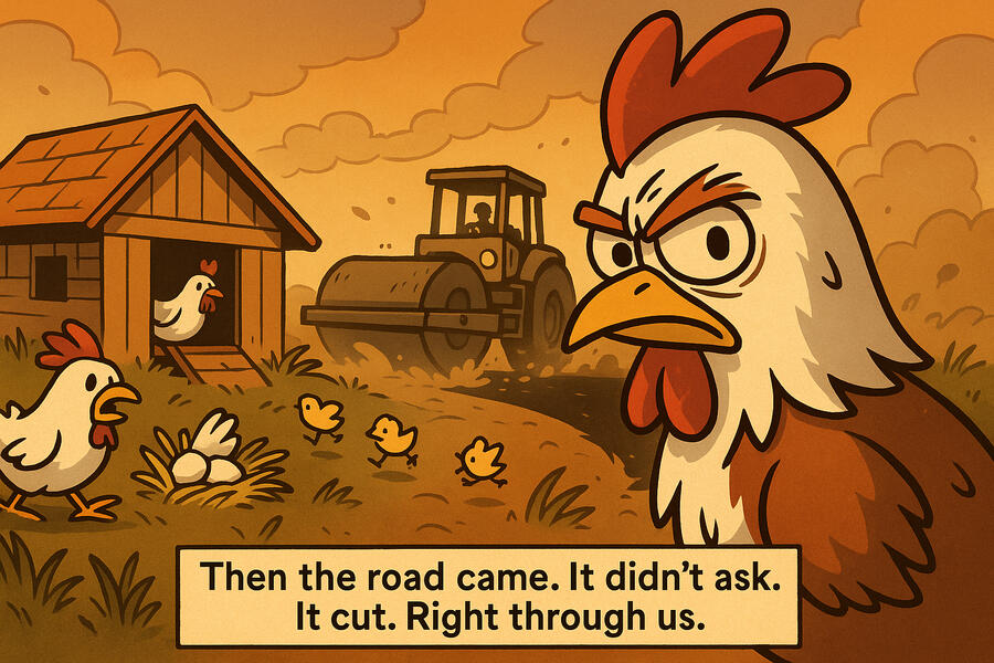 Same coop scene, now mid-invasion. The sky has turned gray-orange. Dust clouds rise. A monstrous road roller looms over the hill like an apocalyptic god. Chickens scatter. The nest is upended. The young Chuck is now in the foreground—smaller—watching every