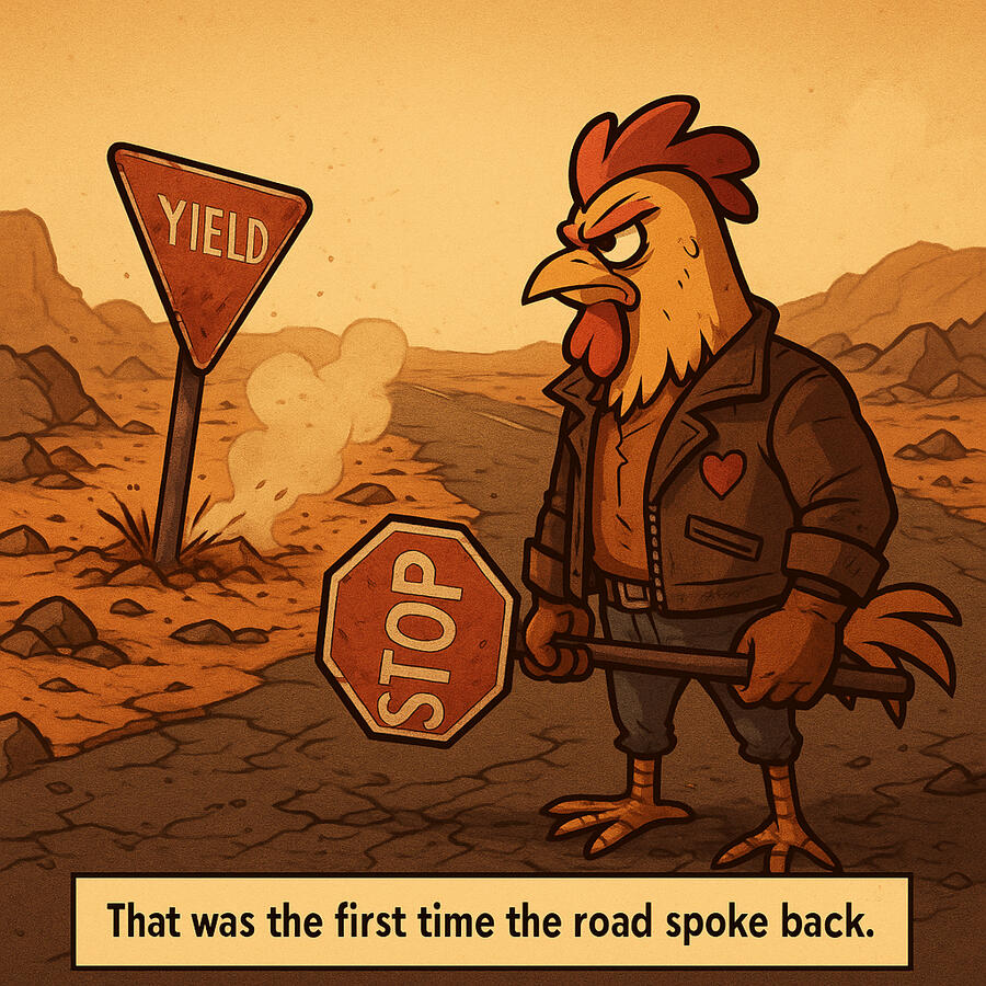Chuck stands still on the road. Ahead of him, a half-buried YIELD sign shudders in the dry ground. Dust kicks up slightly. No wind. The metal vibrates with a deep, inaudible hum. The road surface has tiny cracks beneath the sign—tar bubbles forming.